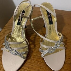 Nina Gathi Gold and Cream Strappy Low Heels wedding guest heels holiday party